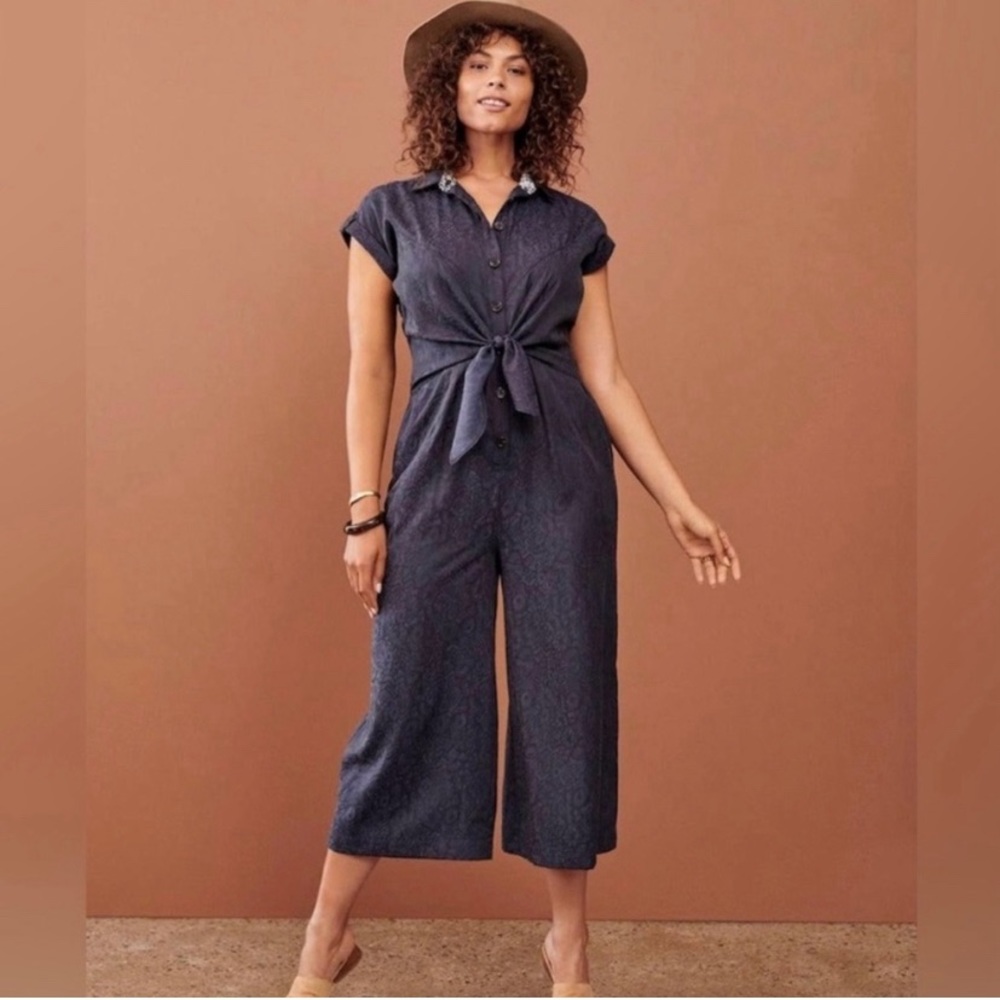 Anthropologie Navy Tie-Front Short-Sleeve Cropped Jumpsuit
